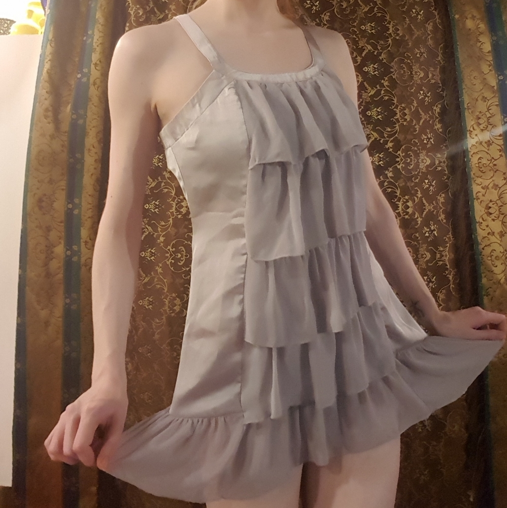 2/$35 Fairy Cute Vintage Silver grey Satin Ruffle Tank Dress - Picture 8 of 10